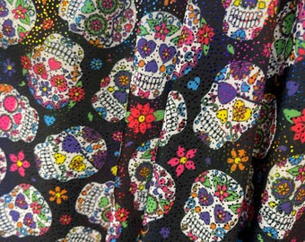 Spandex Fabric skulls print with metallic dots on top 4 way Stretch 60” wide fabric sold by yard