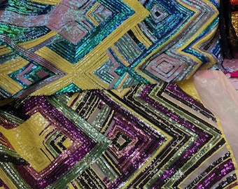 New  Geometric Design Sequins on Stretch Mesh sold by the Yard. 2 Color Combinations Available.