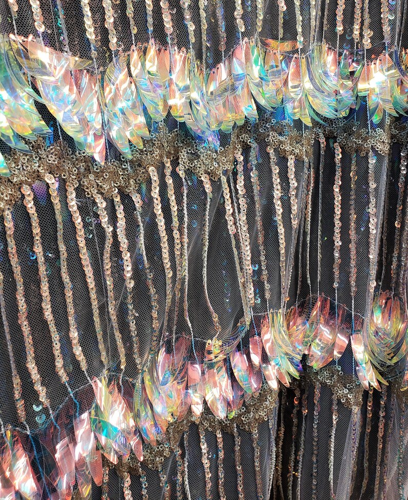 54 inch Different Colors Sold by the Yard Iridescent Long Leaf Shape Sequin on a Mesh Base with Embroidery Accents