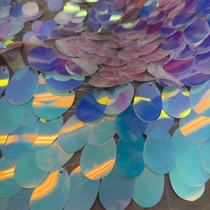 May include: Close-up of iridescent sequins in shades of blue, purple, and pink. The sequins are oval-shaped and attached to a sheer, gray mesh fabric. The light reflects off the sequins, creating a shimmering effect. Ideal for crafting, costumes, or decorative projects.