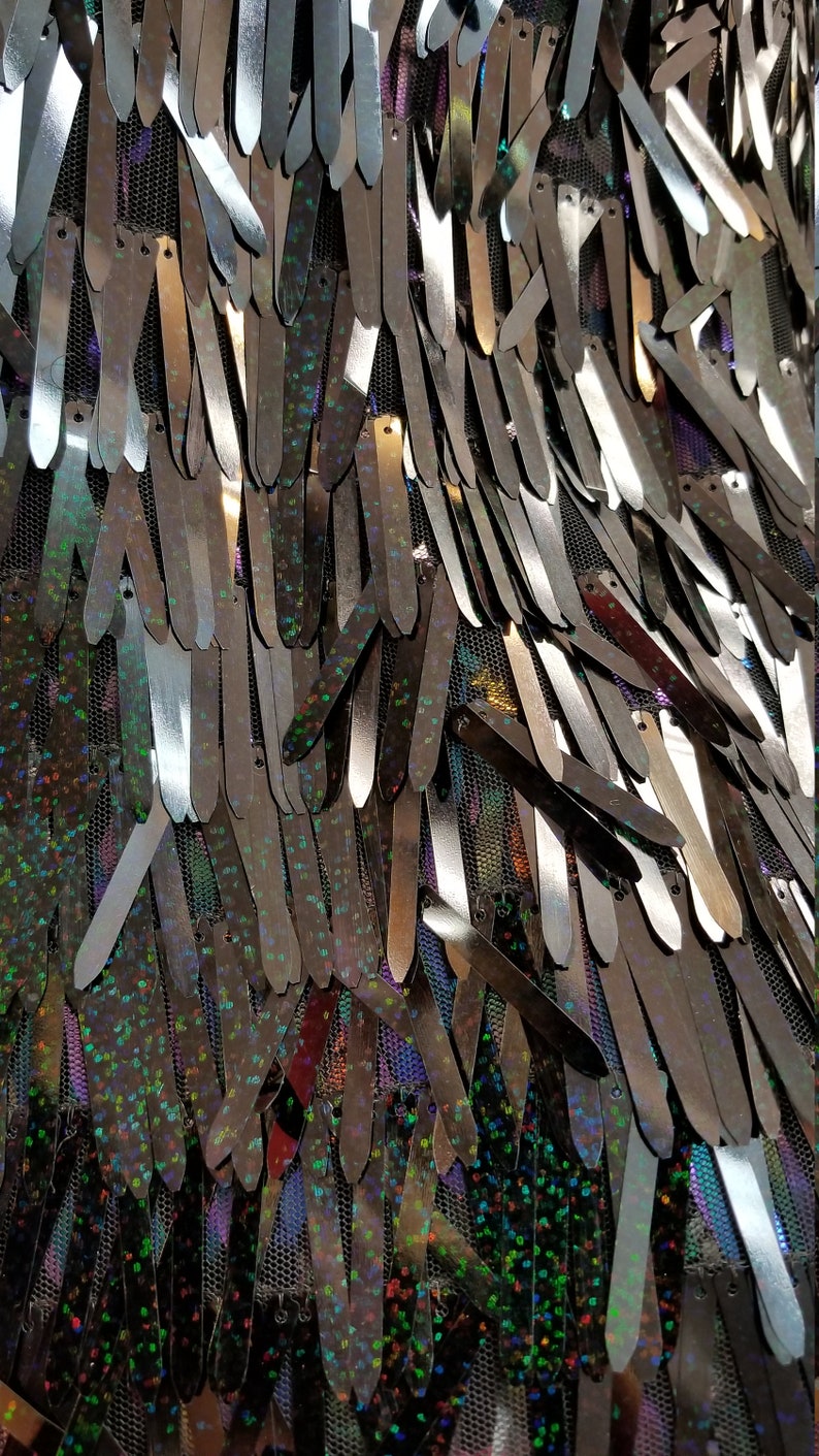 Iridescent sequin Swords Design on black mesh, Burning Man Costume Craft Fabric By The Yard. Royal main image 0