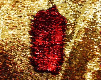 Gold/Red Shiny 5mm Flip Up Sequin on Spandex, 54" inch, sold by the yard