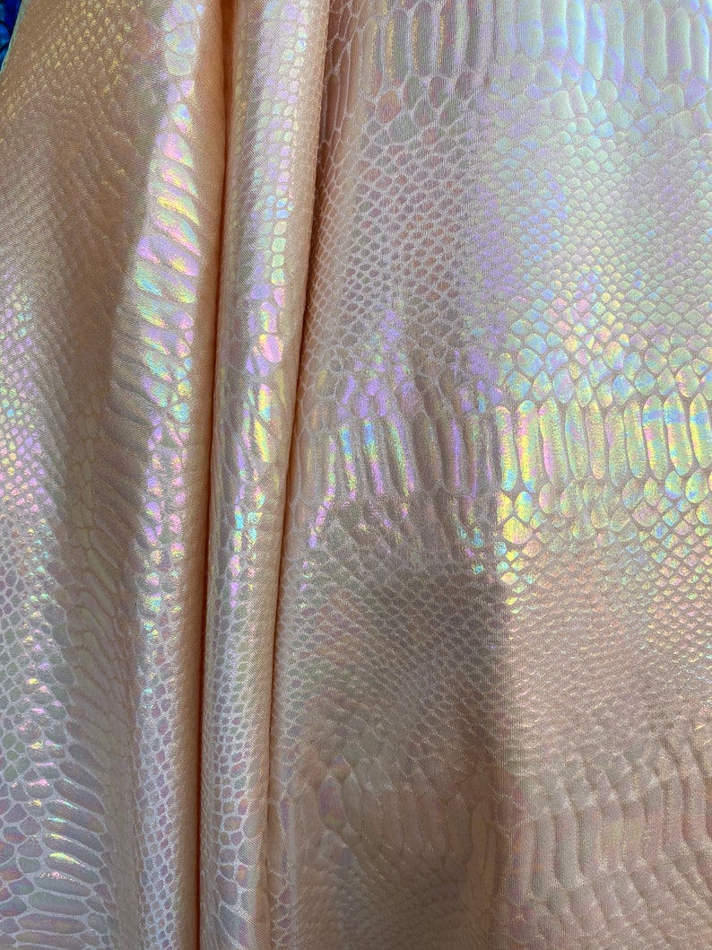 Sold by the Yard Iridescent Snake Foil Print on Light Nude Nylon Spandex Fabric 4 Way Stretch