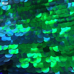 Peacock Paillette Sequin on Green Mesh 54" Wide.