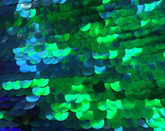 Peacock Paillette Sequin on Green Mesh 54" Wide.