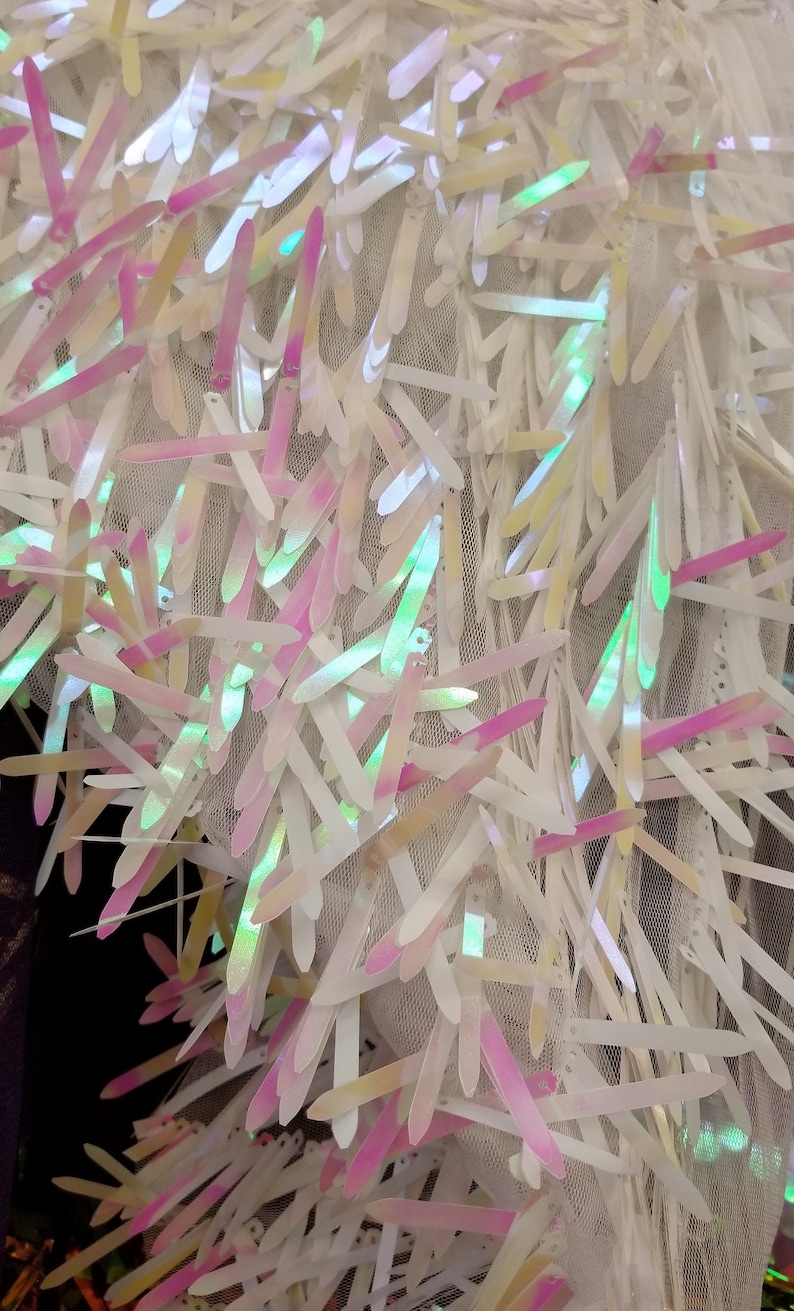 Iridescent sequin Swords Design on black mesh, Burning Man Costume Craft Fabric By The Yard. Silver