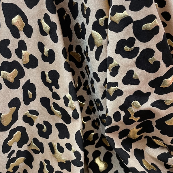 New 4 Way Stretch Leopard Animal Print with Gold Lurex on Beige Spandex Fabric sold by yard 60” wide