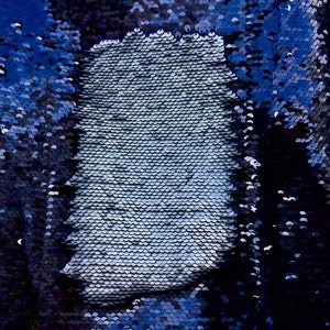 May include: A close-up of a blue and silver sequined fabric. The sequins are arranged in a pattern of overlapping scales, creating a shimmering effect.
