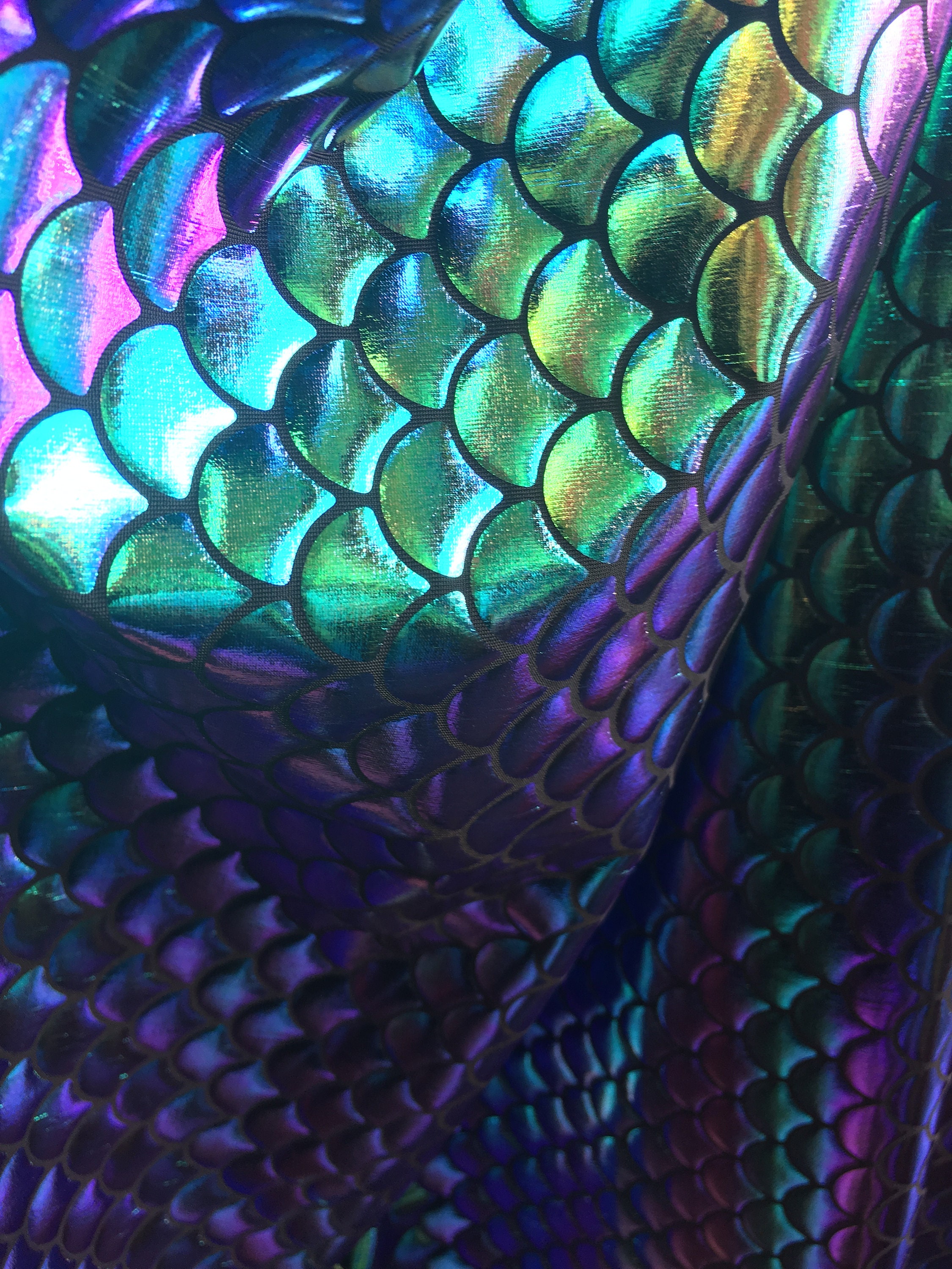 Fish Scales Stretc Iridescent, Purple, green, gold and Turquoise, Mermaid  Spandex / by the yard