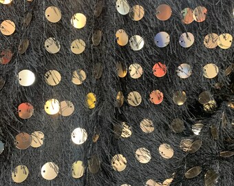 Light Gold Dangling 15mm Sequins on Black eyelash fabric sold by yard. 2 way Stretch Fabric 60”wide