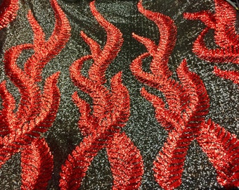 Fire Red Leaves Sequin Medley on Mesh, 2 way stretch, 54" inch, sold by the yard