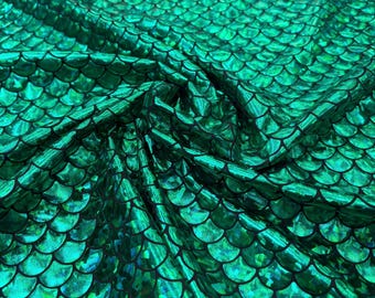 Mermaid Fish Scales Green on Black spandex 4 Way Stretch Foil Mermaid Spandex Fabric, sold by the yard