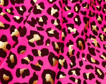 4 Way Stretch Leopard Animal Print with Gold Lurex on Bright Pink Spandex Fabric sold by yard