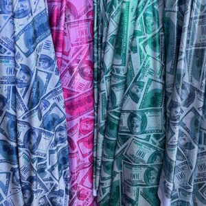 Metallic money print. Benjamin 100 USD print on spandex fabric 4 way Stretch sold by yard [4 colors available]