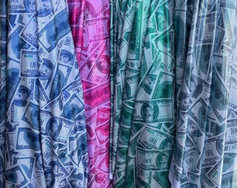 Metallic money print. Benjamin 100 USD print on spandex fabric 4 way Stretch sold by yard [4 colors available]