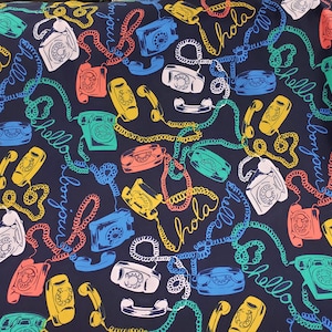 Vintage Telephones Print Design Poly Spandex Fabric sold By The Yard.