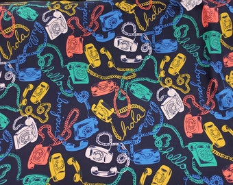 Vintage Telephones Print Design Poly Spandex Fabric sold By The Yard.