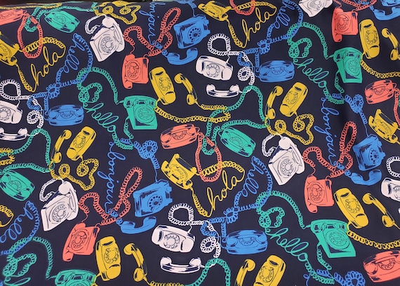 Vintage Telephones Print Design Poly Spandex Fabric sold By The Yard.
