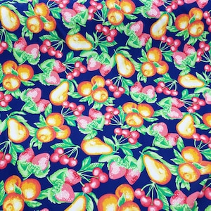 Spandex Fabric, Pears, Cherries, Oranges and Strawberries Navy Background Spandex Print - 4 Way Stretch / sold by the yard
