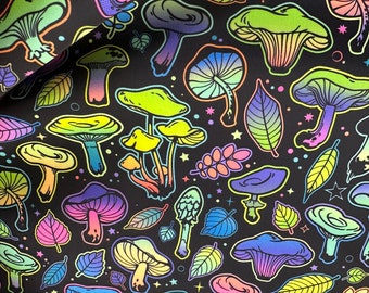 Neon colors of mushrooms print on nylon spandex fabric 4 way stretch sold by yard. 60” wide