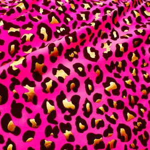 4 Way Stretch Leopard Animal Print With Gold Lurex on Bright Pink ...