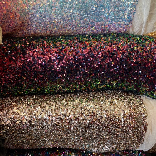 Fringe Sequins Design On A Black 4 Way Stretch Mesh Prom Fabric (1 Yard, White) main image 0