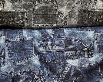 New Denim pocket print fabric blue and black color available 4 way stretch nylon spandex 60” wide sold by yard