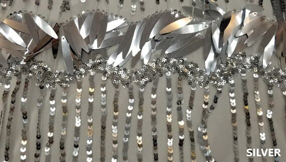54 inch Different Colors Sold by the Yard Iridescent Long Leaf Shape Sequin on a Mesh Base with Embroidery Accents