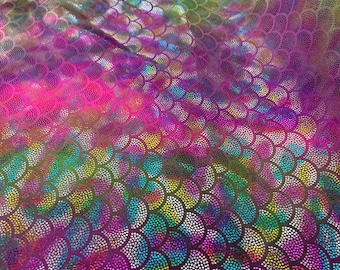 Fish scales Stretch Tie Dye Dotted Mermaid Scales Foil on Nylon Spandex, sold by the yard 60” wide