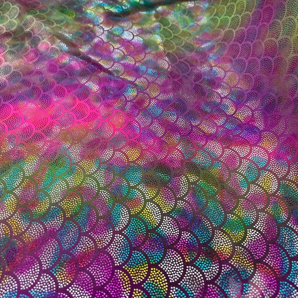 Fish scales Stretch Tie Dye Dotted Mermaid Scales Foil on Nylon Spandex, sold by the yard 60” wide