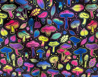 Neon colors of mushrooms print on nylon spandex fabric 4 way stretch sold by yard. 60” wide