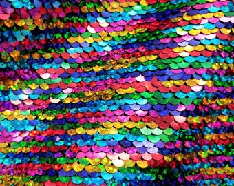 Rainbow/Silver Holo Shiny Flip Up Sequin on Spandex, 54" inch, sold by the yard