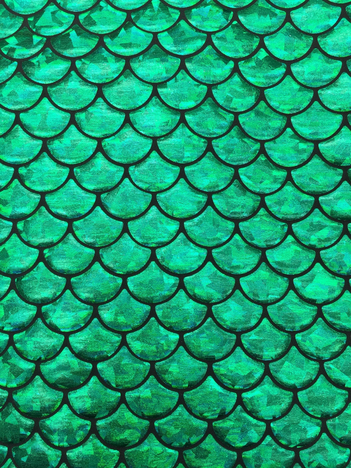 Mermaid Fish Scales Green on Black spandex 4 Way Stretch Foil Mermaid  Spandex Fabric, sold by the yard