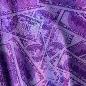 Purple hologram Metallic money print. Benjamin 100 USD print on spandex fabric 4 way Stretch sold by yard 60” wide