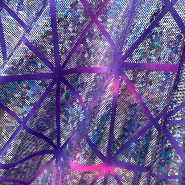 Tie dye Purple/pink geometric lines hologram shattered glass foil nylon spandex fabric 4 way stretch sold by yard
