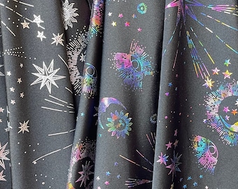 Metallic moons and stars on black 4 way stretch nylon spandex fabric sold by the yard(60” wide) 3 colors available