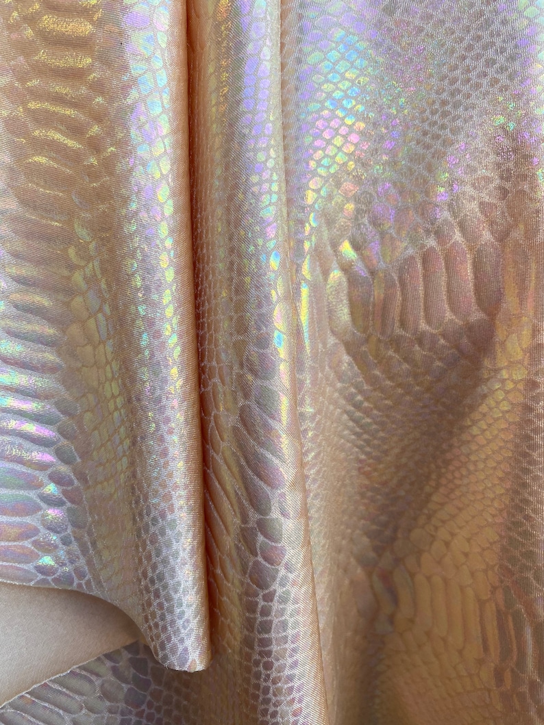 Sold by the Yard Iridescent Snake Foil Print on Light Nude Nylon Spandex Fabric 4 Way Stretch