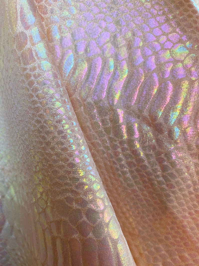 Sold by the Yard Iridescent Snake Foil Print on Light Nude Nylon Spandex Fabric 4 Way Stretch