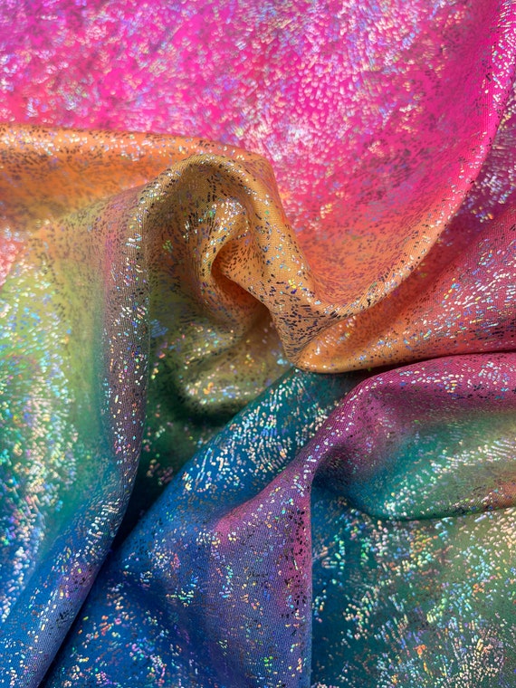 Rainbow tie dye fabric holographic silver metallic foil on top 4 way stretch 60” wide fabric sold by yard
