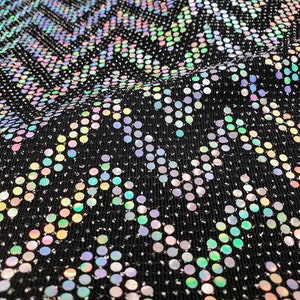 Chevron Pattern on Iridescent Mini Round Sequins on Black Spandex Fabric by the Yard