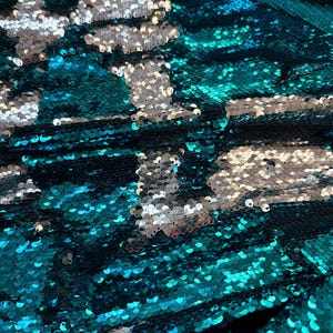 NEW COLOR Silver/Turquoise Brittany Design 5mm Flip Up Sequin on Spandex, 54" inch, sold by the yard