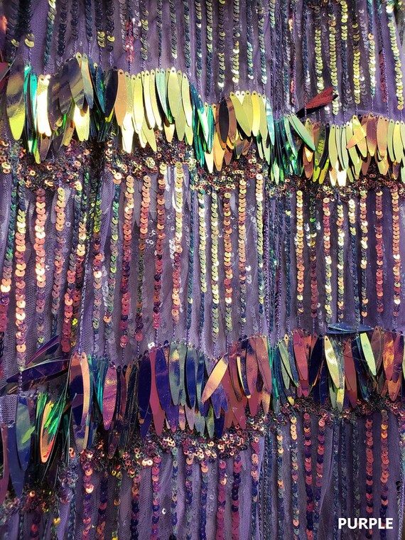 54 inch Different Colors Sold by the Yard Iridescent Long Leaf Shape Sequin on a Mesh Base with Embroidery Accents