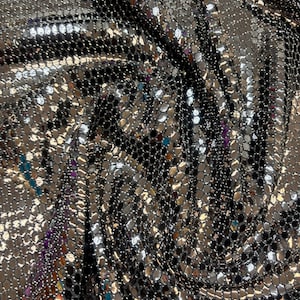 Black Honeycomb Sequins on silver and black Spandex lurex fabric , 58/60 inch wide, sold by the yard. 2 way stretch image 3