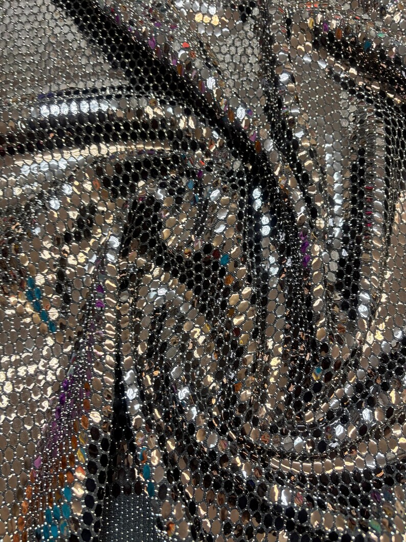 Black Honeycomb Sequins on silver and black Spandex lurex fabric , 58/60 inch wide, sold by the yard. 2 way stretch image 3