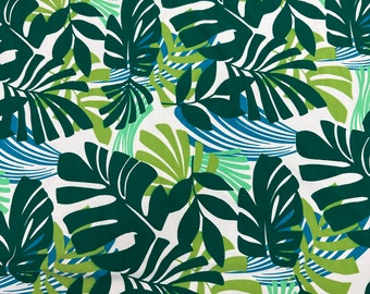 Hawaian Tropical Leaves Print Fabric 4 way Stretch Nylon spandex. White base. Fabric sold by yard 60”wide