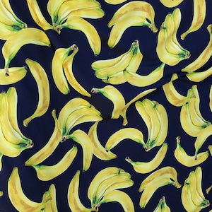 Spandex Fabric, Yellow Ripe Bananas on a Black Background Spandex Print - 4 Way Stretch Nylon Spandex or Lycra / sold by the yard