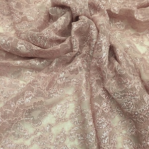 4 Way Stretch Metallic Lace Dusty Rose with Scallop Edge on both sides / by the yard