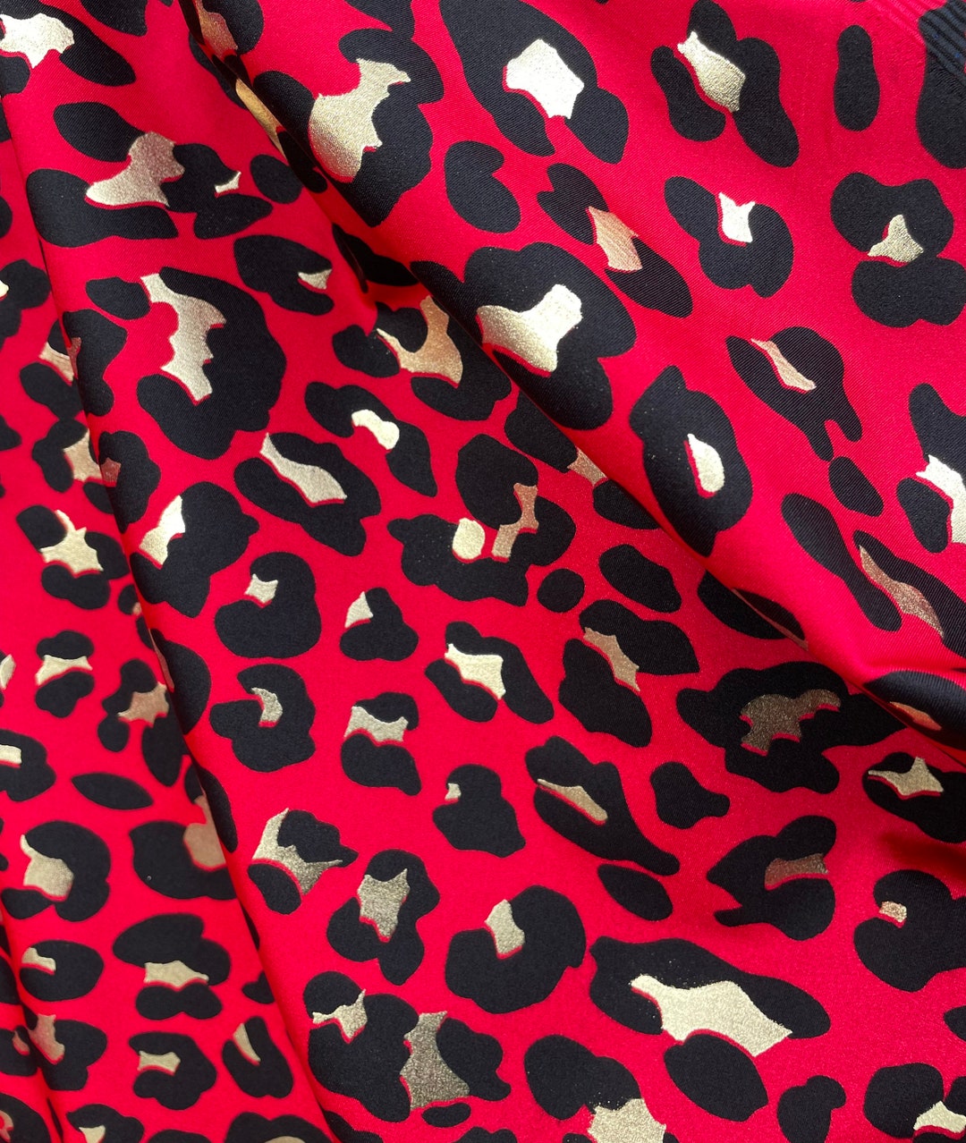 4 Way Stretch Leopard Animal Print With Gold Lurex on Bright Red Spandex Fabric Sold by Yard Etsy