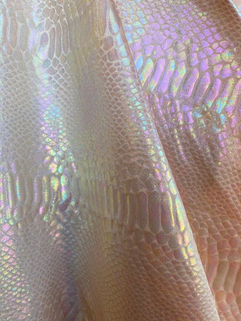 Sold by the Yard Iridescent Snake Foil Print on Light Nude Nylon Spandex Fabric 4 Way Stretch