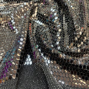 Black Honeycomb Sequins on silver and black Spandex lurex fabric , 58/60 inch wide, sold by the yard. 2 way stretch image 4